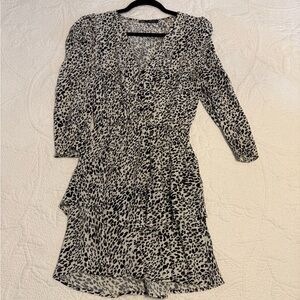Zara Black & White Leopard Print Long Sleeve Wrap Dress